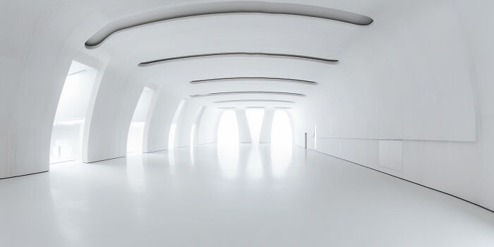 Bright, futuristic white hallway with curved ceiling beams and arched windows, evoking a surreal, time travel atmosphere.