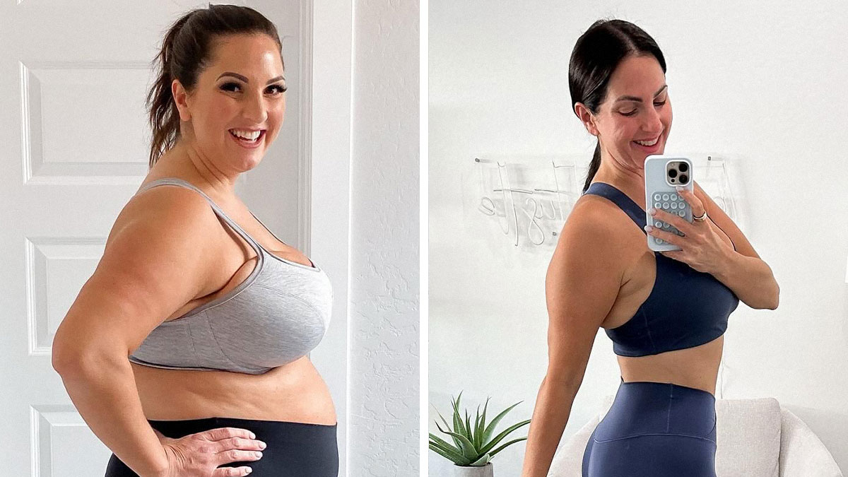 Woman showing inspiring weight loss transformation in before and after pics wearing workout clothes and smiling.