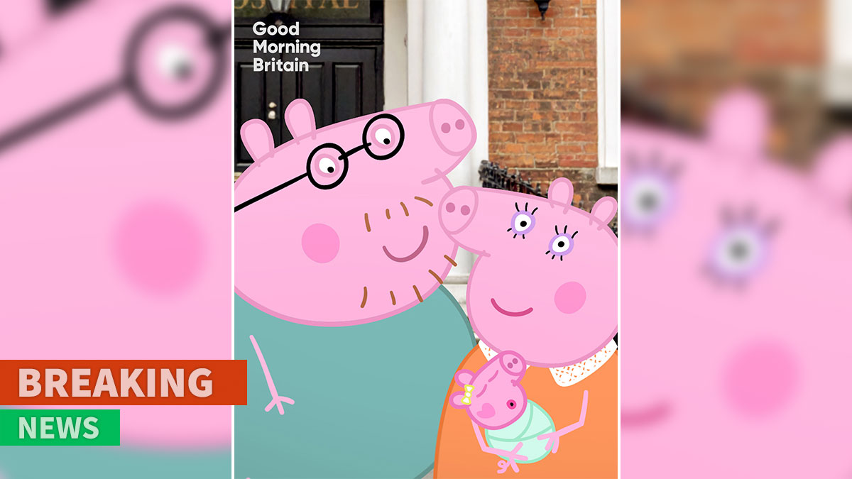 Peppa Pig's mummy pig holding newborn baby with daddy pig in front of brick building for breaking news segment.