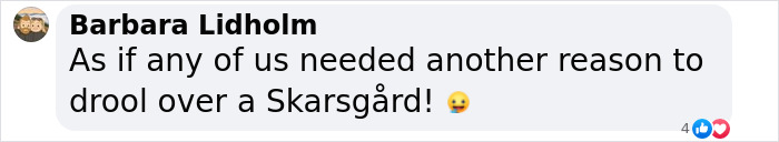 Social media comment expressing admiration, referencing a Skarsgård and reacting playfully with an emoji. Social media comment expressing admiration, referencing a Skarsgård and reacting playfully with an emoji.