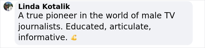 Screenshot of a Facebook comment praising a male TV journalist as educated, articulate, and informative. Screenshot of a Facebook comment praising a male TV journalist as educated, articulate, and informative.