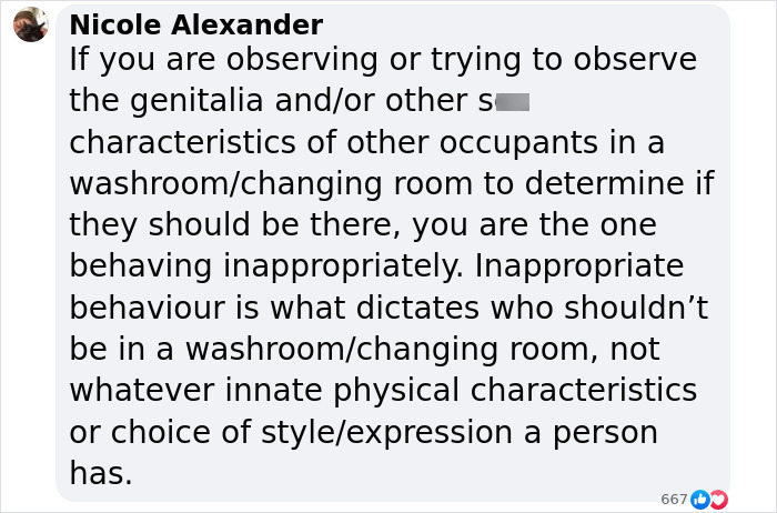 Comment from Nicole Alexander about inappropriate behavior in washrooms, related to female athlete forced out of women's restroom. Comment from Nicole Alexander about inappropriate behavior in washrooms, related to female athlete forced out of women's restroom.
