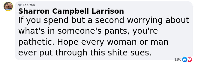 Comment by Sharron Campbell Larrison expressing frustration about gender assumptions toward a female athlete in women's restroom. Comment by Sharron Campbell Larrison expressing frustration about gender assumptions toward a female athlete in women's restroom.