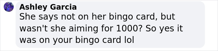 Comment by Ashley Garcia discussing a bingo card and a goal of 1000 in an online conversation. Comment by Ashley Garcia discussing a bingo card and a goal of 1000 in an online conversation.