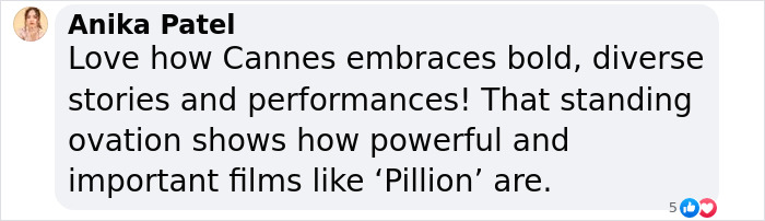 Comment by Anika Patel praising Cannes for embracing bold, diverse stories and standing ovation for a film with powerful performances. Comment by Anika Patel praising Cannes for embracing bold, diverse stories and standing ovation for a film with powerful performances.