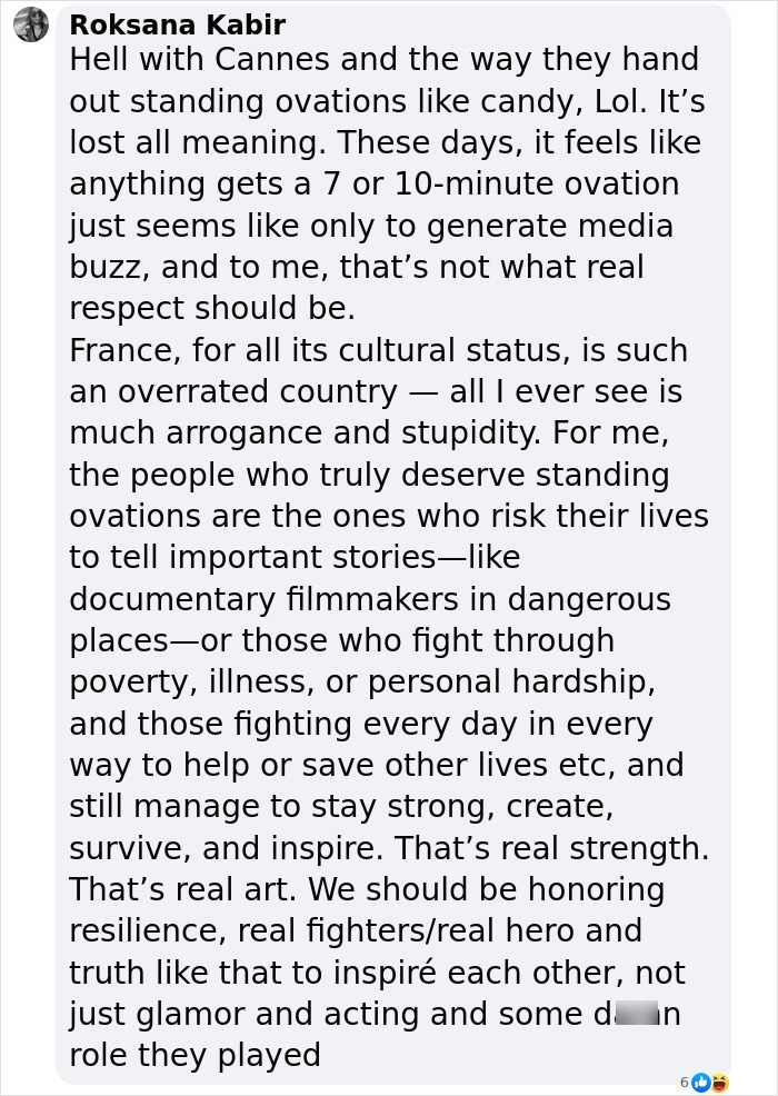 Commenter expressing skepticism about standing ovations at Cannes and praising true resilience and real heroes. Commenter expressing skepticism about standing ovations at Cannes and praising true resilience and real heroes.