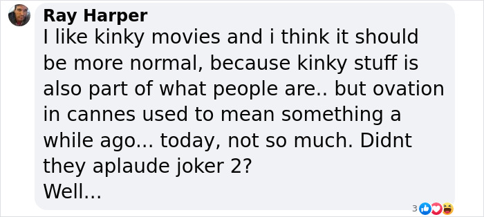 Commenter Ray Harper shares thoughts on kinky movies and mentions an ovation at Cannes compared to Joker 2 applause. Commenter Ray Harper shares thoughts on kinky movies and mentions an ovation at Cannes compared to Joker 2 applause.