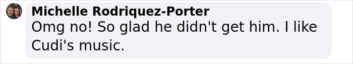 Facebook comment from Michelle Rodriquez-Porter expressing relief and mentioning liking Cudi’s music.