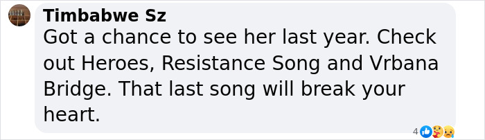 Comment about Jill Sobule’s music and emotional impact shared by user Timbabwe Sz on social media platform. Comment about Jill Sobule’s music and emotional impact shared by user Timbabwe Sz on social media platform.