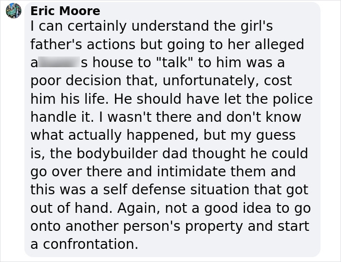 Comment discussing a dad fatally beaten with a metal bat while confronting teen daughter's alleged assaulter. Comment discussing a dad fatally beaten with a metal bat while confronting teen daughter's alleged assaulter.