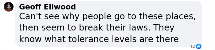Comment by Geoff Ellwood expressing confusion about why people break laws in certain places despite knowing tolerance levels. Comment by Geoff Ellwood expressing confusion about why people break laws in certain places despite knowing tolerance levels.