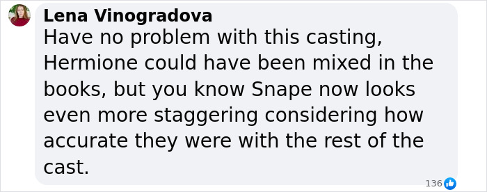 Comment by Lena Vinogradova discussing mixed reactions to the new cast for Harry, Hermione, and Ron in Harry Potter series. Comment by Lena Vinogradova discussing mixed reactions to the new cast for Harry, Hermione, and Ron in Harry Potter series.