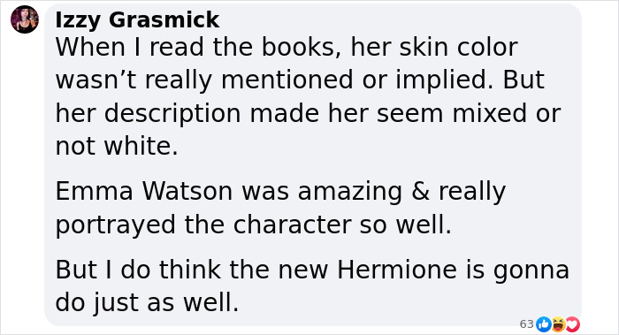 Facebook comment discussing mixed reactions to new Harry, Hermione and Ron cast for upcoming Harry Potter series. Facebook comment discussing mixed reactions to new Harry, Hermione and Ron cast for upcoming Harry Potter series.