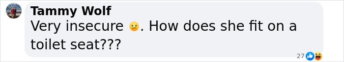 Screenshot of a social media comment by Tammy Wolf expressing insecurity about fitting on a toilet seat. Screenshot of a social media comment by Tammy Wolf expressing insecurity about fitting on a toilet seat.