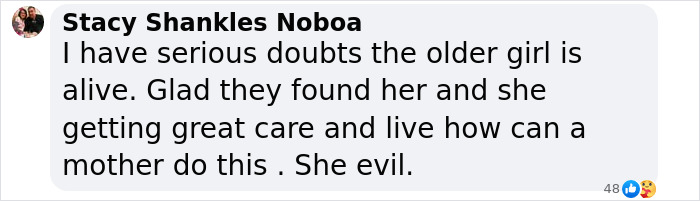 Social media comment expressing doubts about the older girl’s survival in a true horror story of a 7YO girl found in a closet. Social media comment expressing doubts about the older girl’s survival in a true horror story of a 7YO girl found in a closet.