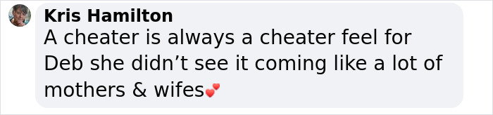 Comment by Kris Hamilton about cheating amid Hugh Jackman's long history with Sutton Foster and divorce from Deborra-Lee Furness. Comment by Kris Hamilton about cheating amid Hugh Jackman's long history with Sutton Foster and divorce from Deborra-Lee Furness.
