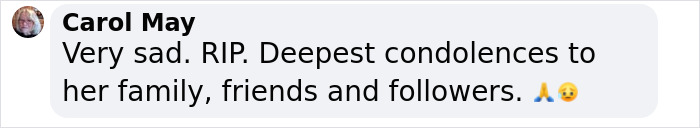 Alt text: Comment expressing condolences for 'I Kissed a Girl' singer Jill Sobule's body found after mysterious house fire. Alt text: Comment expressing condolences for 'I Kissed a Girl' singer Jill Sobule's body found after mysterious house fire.