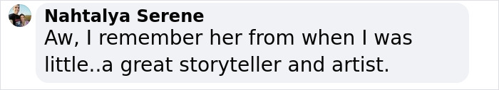 Comment text from Nahtalya Serene expressing remembrance of singer Jill Sobule as a great storyteller and artist. Comment text from Nahtalya Serene expressing remembrance of singer Jill Sobule as a great storyteller and artist.
