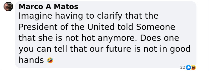 Facebook comment by Marco A Matos reacting to President Trump saying Taylor Swift is no longer hot, with laughing emoji. Facebook comment by Marco A Matos reacting to President Trump saying Taylor Swift is no longer hot, with laughing emoji.