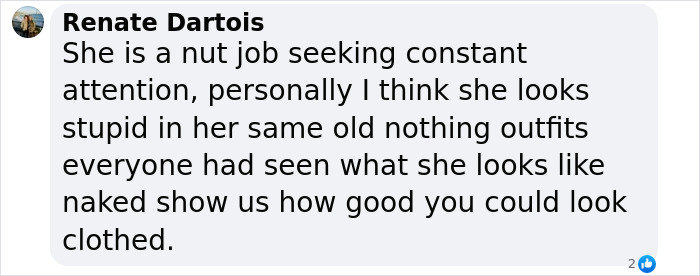 Comment screenshot criticizing Bianca Censori for seeking attention and wearing repetitive outfits amid public indecency calls. Comment screenshot criticizing Bianca Censori for seeking attention and wearing repetitive outfits amid public indecency calls.