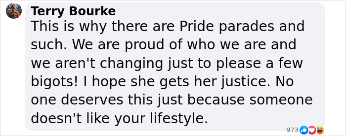 Facebook comment from Terry Bourke supporting justice for lesbian beaten unconscious after using McDonald's bathroom. Facebook comment from Terry Bourke supporting justice for lesbian beaten unconscious after using McDonald's bathroom.