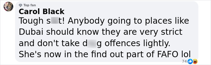 Screenshot of a social media comment discussing strict rules and consequences in Dubai related to a woman jailed in prison. Screenshot of a social media comment discussing strict rules and consequences in Dubai related to a woman jailed in prison.