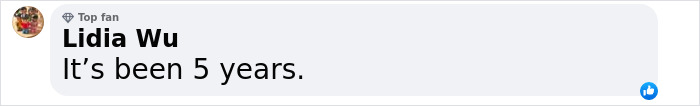 Comment from Lidia Wu, a top fan, stating it has been 5 years, displayed in a social media style format. Comment from Lidia Wu, a top fan, stating it has been 5 years, displayed in a social media style format.