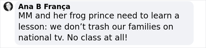 Comment by Ana B França criticizing Meghan Markle and referencing family respect issues on national television. Comment by Ana B França criticizing Meghan Markle and referencing family respect issues on national television.
