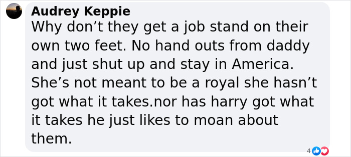 Facebook comment discussing Meghan Markle and Harry with critical opinions on their roles and behavior. Facebook comment discussing Meghan Markle and Harry with critical opinions on their roles and behavior.