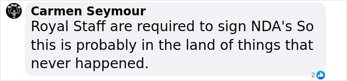 Comment by Carmen Seymour questioning the authenticity of Meghan Markle allegedly berating her wedding caterer. Comment by Carmen Seymour questioning the authenticity of Meghan Markle allegedly berating her wedding caterer.