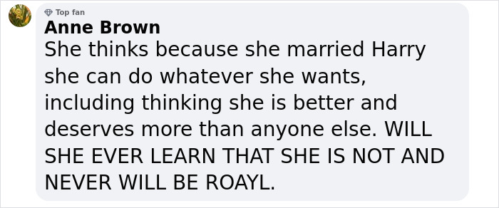 Screenshot of a social media comment criticizing Meghan Markle, referencing her wedding and behavior toward wedding caterer. Screenshot of a social media comment criticizing Meghan Markle, referencing her wedding and behavior toward wedding caterer.