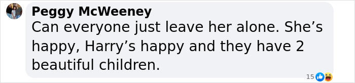 Comment by Peggy McWeeney expressing support amidst Meghan Markle wedding caterer controversy. Comment by Peggy McWeeney expressing support amidst Meghan Markle wedding caterer controversy.