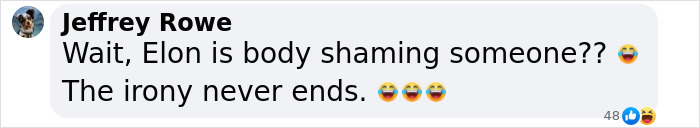 Screenshot of a social media comment criticizing Elon Musk for reacting to a Taylor Swift body-shaming post. Screenshot of a social media comment criticizing Elon Musk for reacting to a Taylor Swift body-shaming post.