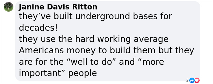 Screenshot of a social media comment discussing underground bases built for the rich and powerful in the US. Screenshot of a social media comment discussing underground bases built for the rich and powerful in the US.
