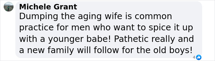 Comment on social media discussing dumping the aging wife in relation to Hugh Jackman’s divorce news. Comment on social media discussing dumping the aging wife in relation to Hugh Jackman’s divorce news.