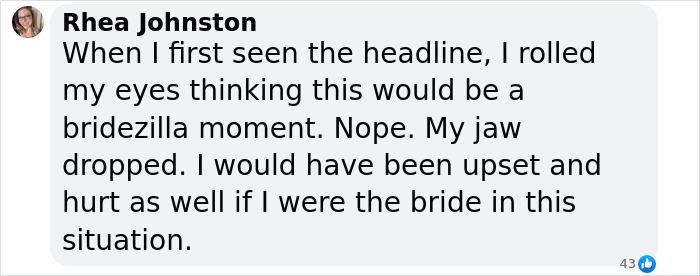 Facebook comment from Rhea Johnston expressing upset feelings about claims Victoria Beckham ruined Nicola Peltz's wedding. Facebook comment from Rhea Johnston expressing upset feelings about claims Victoria Beckham ruined Nicola Peltz's wedding.