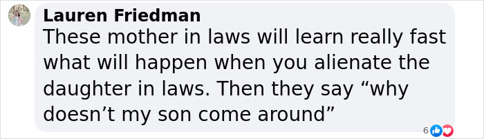 Screenshot of a Facebook comment discussing mother in laws, alienation, and its impact on family relationships. Screenshot of a Facebook comment discussing mother in laws, alienation, and its impact on family relationships.