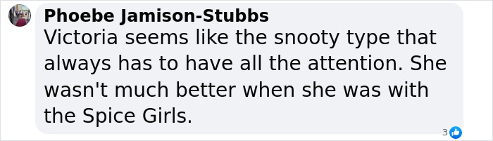 Facebook comment criticizing Victoria Beckham for being attention-seeking and impacting her son's wedding emotions. Facebook comment criticizing Victoria Beckham for being attention-seeking and impacting her son's wedding emotions.