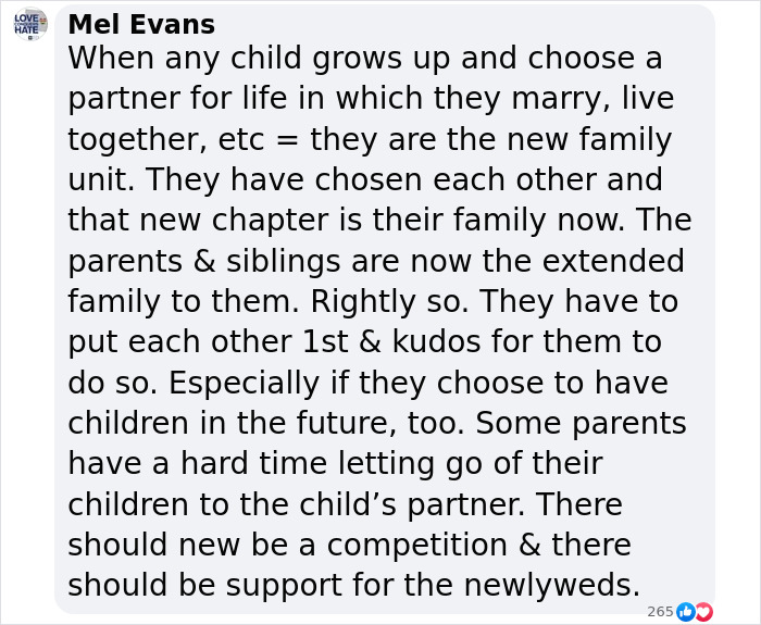Comment by Mel Evans discussing family dynamics and support for newlyweds amid challenges in relationships. Comment by Mel Evans discussing family dynamics and support for newlyweds amid challenges in relationships.