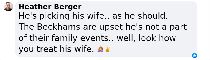 Comment on social media about Beckhams upsetting Nicola Peltz during son's wedding, highlighting family tension and emotional distress. Comment on social media about Beckhams upsetting Nicola Peltz during son's wedding, highlighting family tension and emotional distress.