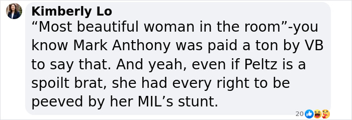 Screenshot of a Facebook comment discussing Victoria Beckham allegedly ruining son’s wedding and Nicola Peltz crying. Screenshot of a Facebook comment discussing Victoria Beckham allegedly ruining son’s wedding and Nicola Peltz crying.