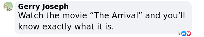 A social media comment by Gerry Joseph referencing a movie related to an ominous UFO with writing about origin of birth. A social media comment by Gerry Joseph referencing a movie related to an ominous UFO with writing about origin of birth.