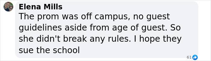 Comment from Elena Mills discussing a teen girl expelled from Christian school over her trans prom date sparking debate. Comment from Elena Mills discussing a teen girl expelled from Christian school over her trans prom date sparking debate.