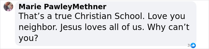 Comment on social media post discussing Christian school and love, relating to teen girl expelled over trans prom date debate. Comment on social media post discussing Christian school and love, relating to teen girl expelled over trans prom date debate.