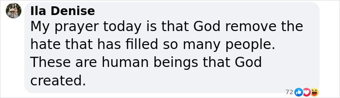 Screenshot of a social media comment expressing a prayer against hate toward human beings in a tense debate. Screenshot of a social media comment expressing a prayer against hate toward human beings in a tense debate.