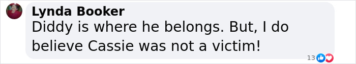 Screenshot of a Facebook comment by Lynda Booker discussing Diddy amid dramatic testimonies. Screenshot of a Facebook comment by Lynda Booker discussing Diddy amid dramatic testimonies.