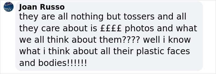 Comment by Joan Russo criticizing public figures for caring about money and plastic appearances in social media posts. Comment by Joan Russo criticizing public figures for caring about money and plastic appearances in social media posts.