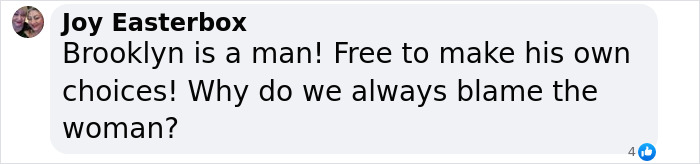 Comment by Joy Easterbox debating Brooklyn Beckham's choices, relating to Bella Thorne warning about Nicola Peltz. Comment by Joy Easterbox debating Brooklyn Beckham's choices, relating to Bella Thorne warning about Nicola Peltz.
