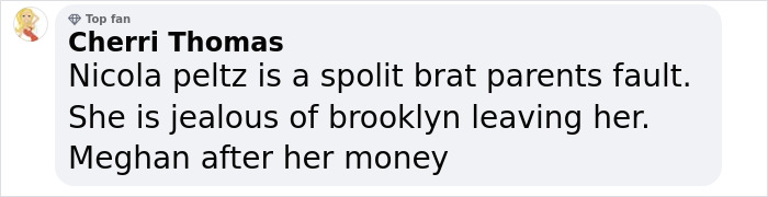 Comment by Cherri Thomas criticizing Nicola Peltz, mentioning jealousy and Brooklyn Beckham in an online discussion. Comment by Cherri Thomas criticizing Nicola Peltz, mentioning jealousy and Brooklyn Beckham in an online discussion.