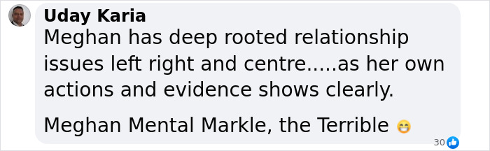 Comment expressing critical views on Meghan Markle shared by Montecito neighbor in an online discussion. Comment expressing critical views on Meghan Markle shared by Montecito neighbor in an online discussion.